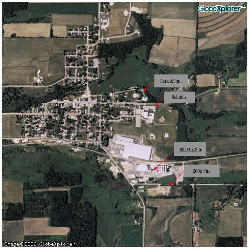 This 2005 satellite photograph of Cambria contains markers indicating the location of the proposed Didion ethanol plant and Cambria schools. The plant is to be located across the road from the southeast corner of the Village. Virtually no point in the Village is more than a three&ndash;quarters of a mile away from the plant. Most places in the Village, including the school, are much closer.